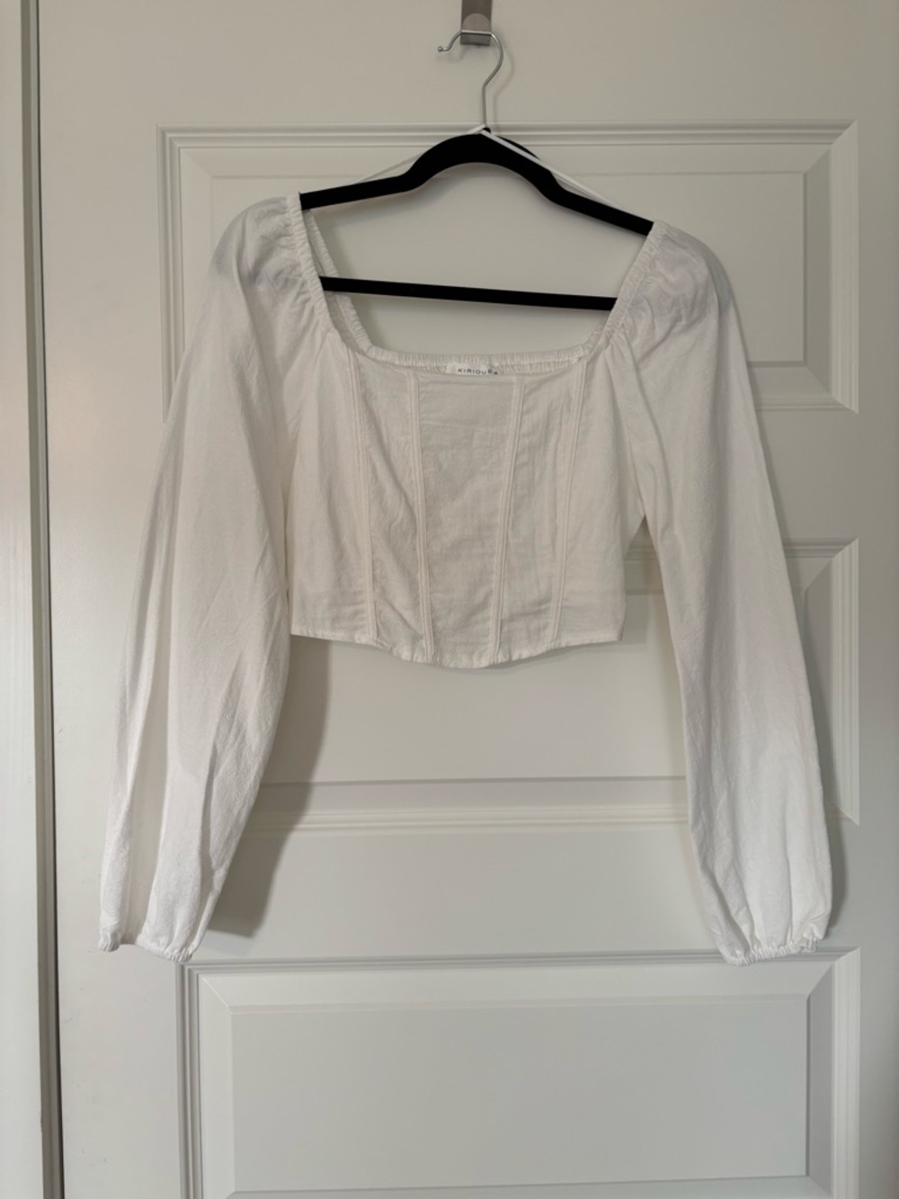Square-Neck White Cropped Blouse with Long Puff Sleeves